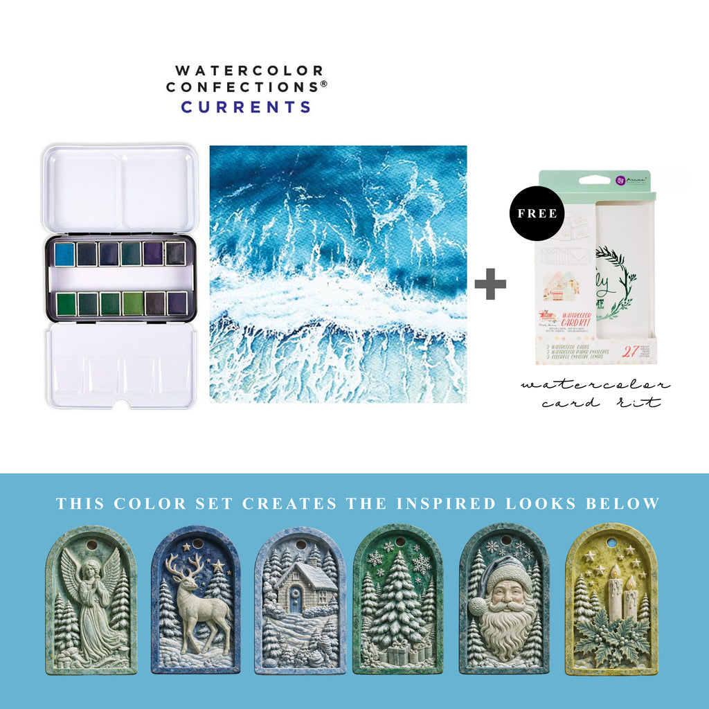 Art Philosophy Watercolor Confections Currents paint set with blue, green and winter-toned MelodyCast Christmas ornament painting examples