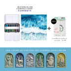 Art Philosophy Watercolor Confections Currents paint set with blue, green and winter-toned MelodyCast Christmas ornament painting examples