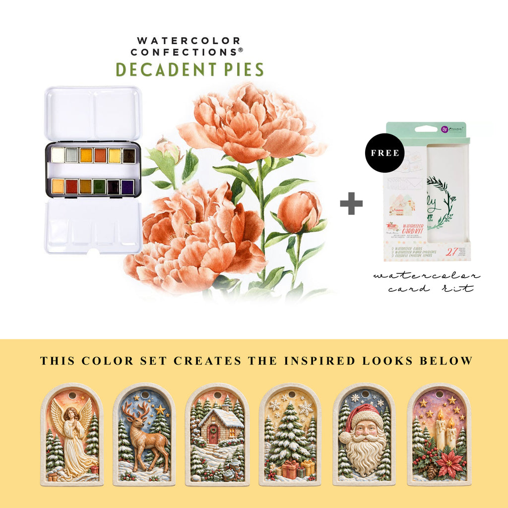 Art Philosophy Watercolor Confections Decadent Pies paint set with warm-toned MelodyCast Christmas ornament painting examples
