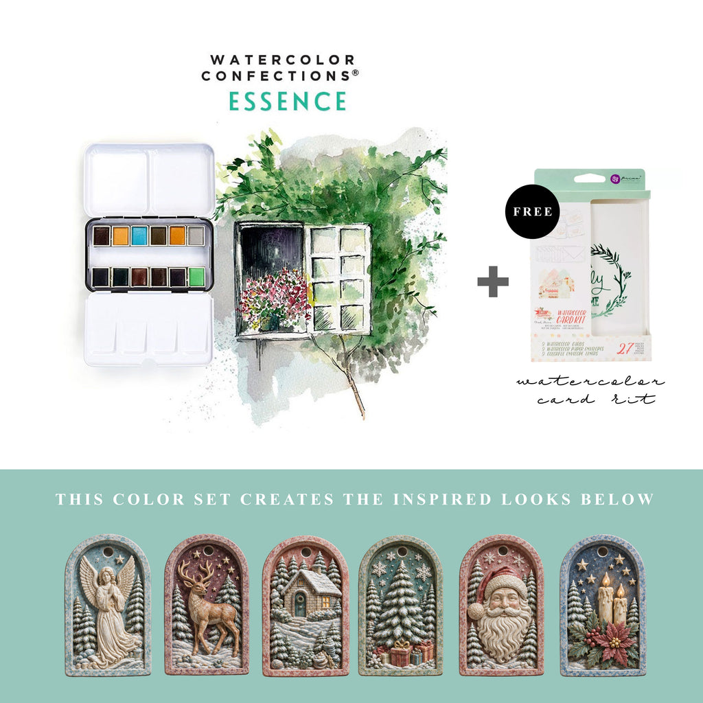 Art Philosophy Watercolor Confections Essence paint set with soft green, blue and earthy MelodyCast Christmas ornament painting examples