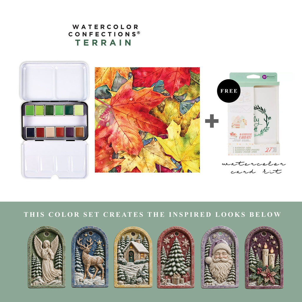 Art Philosophy Watercolor Confections Terrain paint set with rich green, red and earthy MelodyCast Christmas ornament painting examples