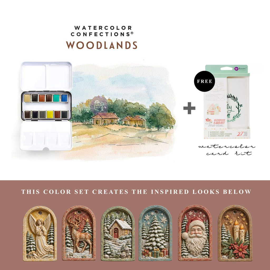 Art Philosophy Watercolor Confections Woodlands paint set with earthy green, brown and warm-toned MelodyCast Christmas ornament painting examples