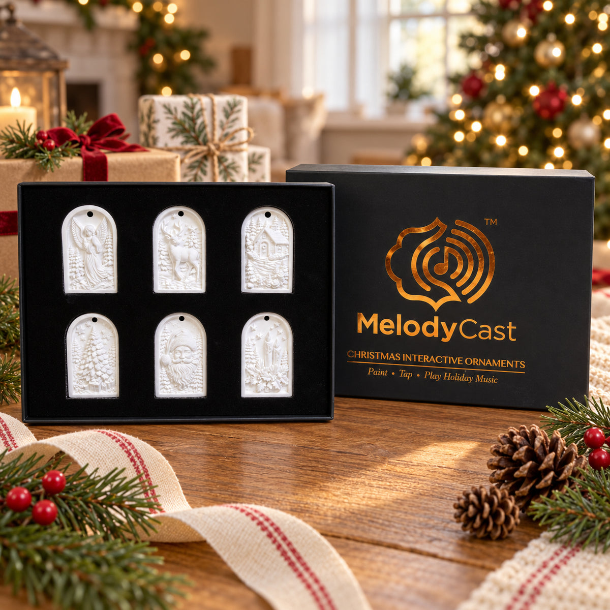 MelodyCast paintable interactive Christmas ornaments set of 6 in gift box
