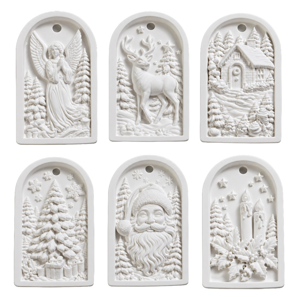 Six white paintable Christmas ornaments with angel, reindeer, winter cottage, Christmas tree, Santa and candle designs