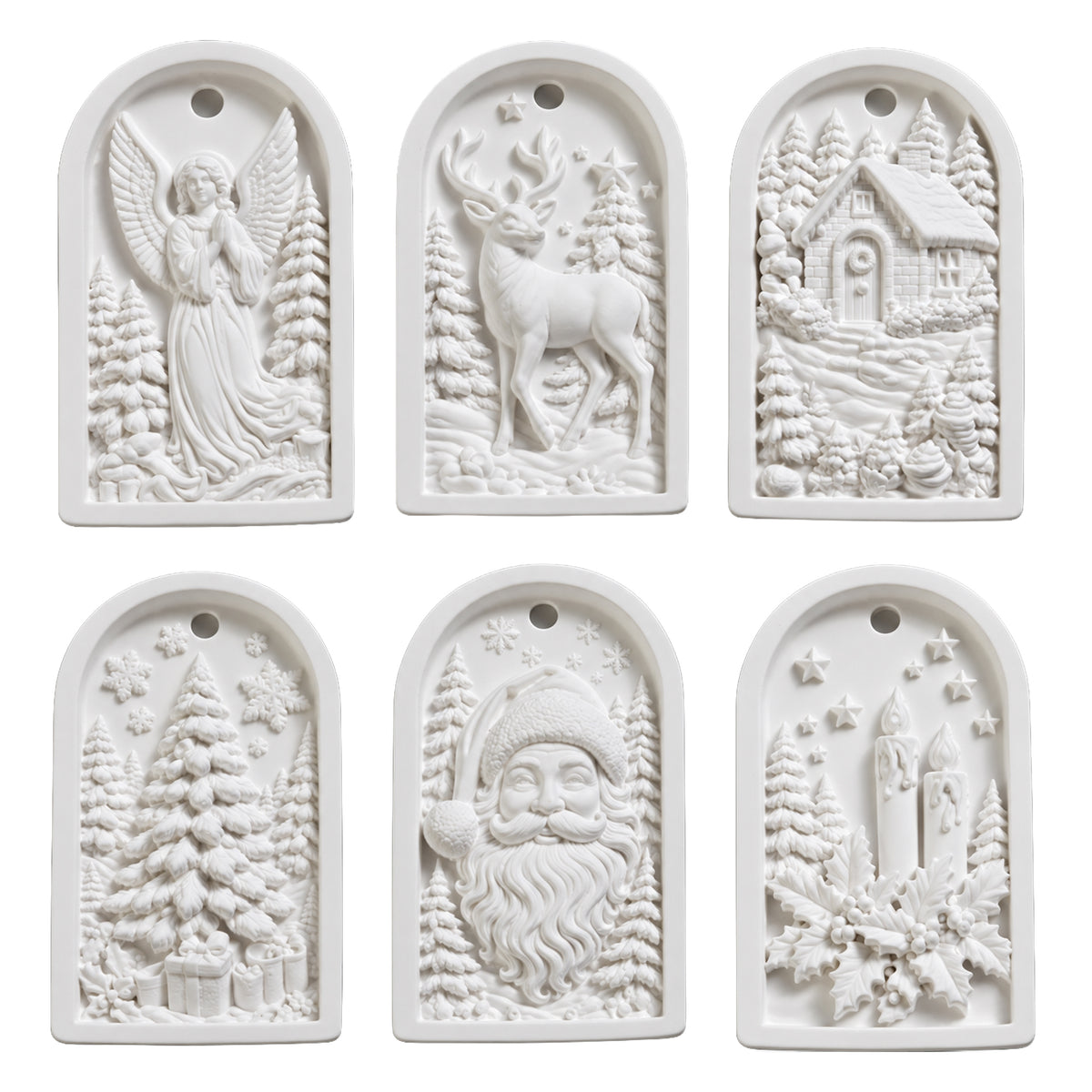 Six white paintable Christmas ornaments with angel, reindeer, winter cottage, Christmas tree, Santa and candle designs