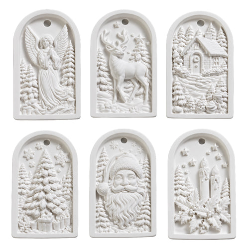 Six white paintable Christmas ornaments with angel, reindeer, winter cottage, Christmas tree, Santa and candle designs