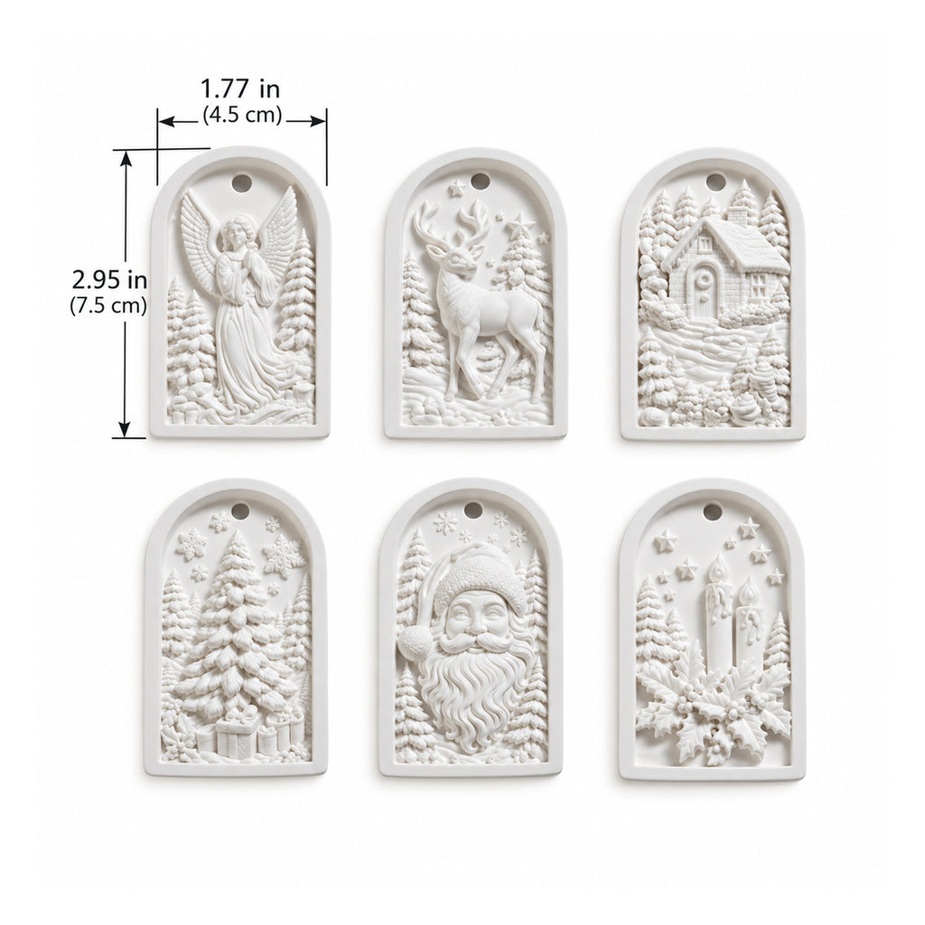 MelodyCast white Christmas ornaments set of 6, measuring 2.95 x 1.77 inches each