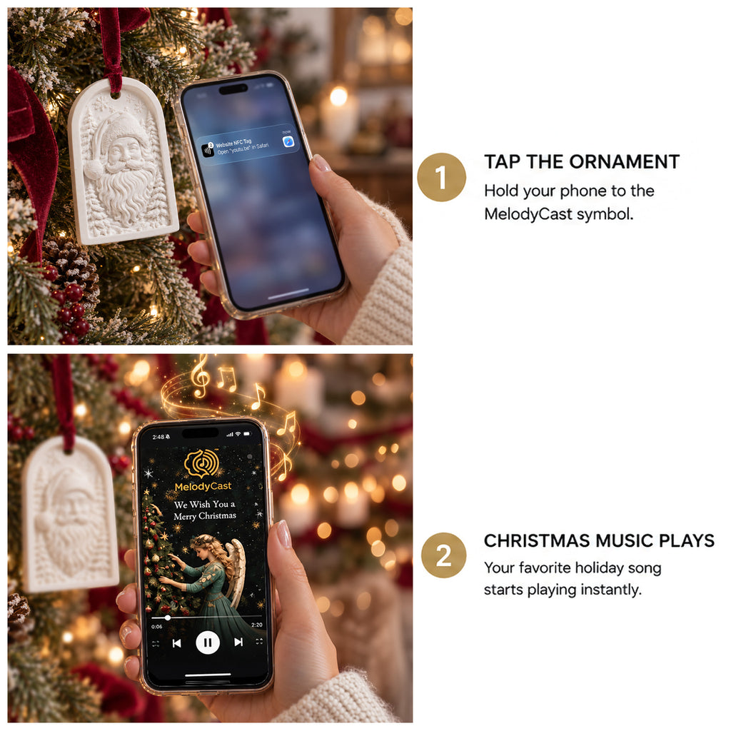 Tap MelodyCast interactive Christmas ornament with a smartphone to open and play the included holiday music