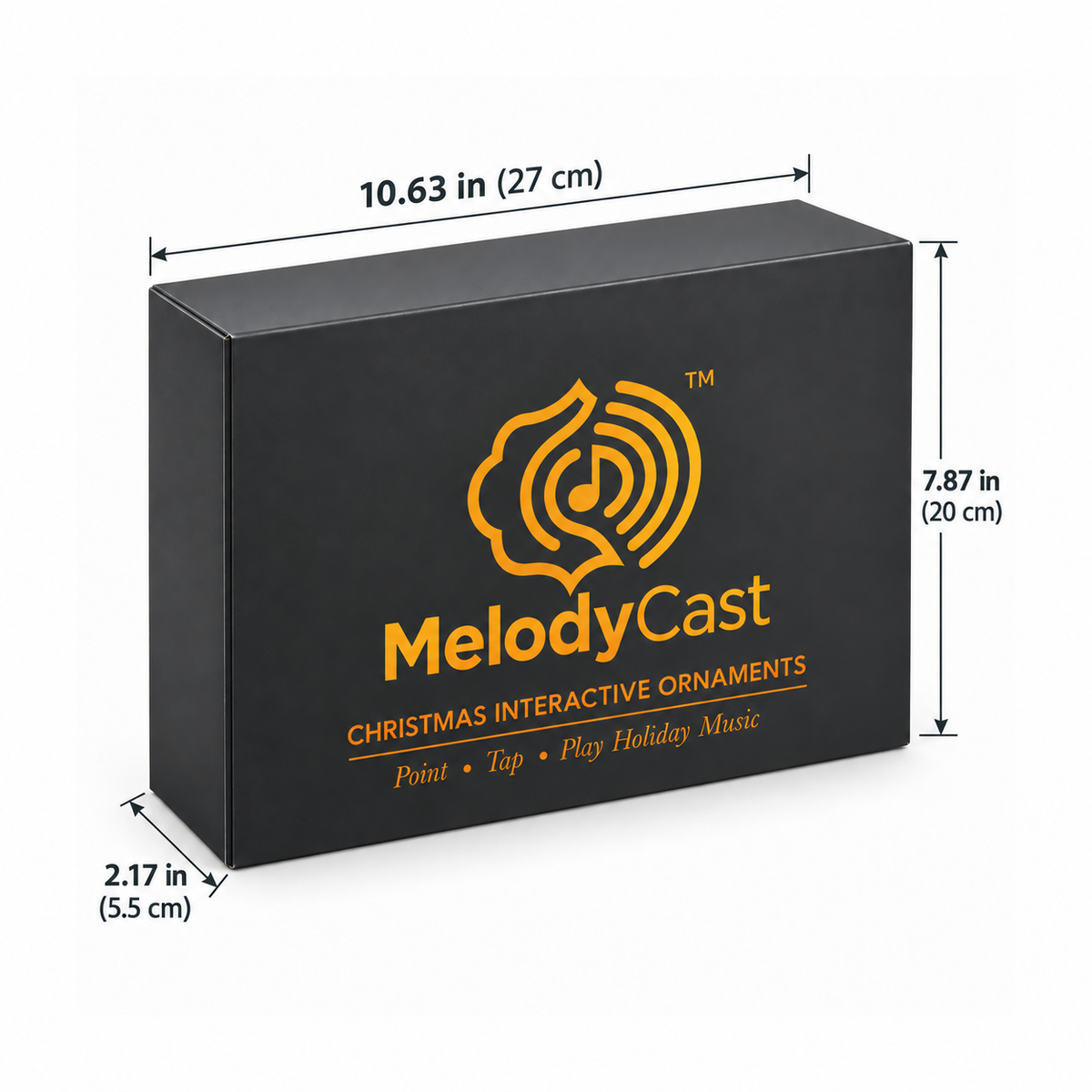MelodyCast interactive Christmas ornament gift box measuring 10.63 x 7.87 x 2.17 inches