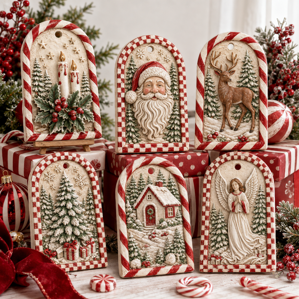 DIY painted MelodyCast Christmas ornaments with Santa, angel, reindeer, candle, tree and winter cottage designs with a candy cane motif