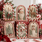 DIY painted MelodyCast Christmas ornaments with Santa, angel, reindeer, candle, tree and winter cottage designs with a candy cane motif