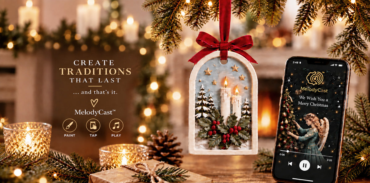 MelodyCast interactive Christmas ornament with painted candle design and smartphone opening holiday music