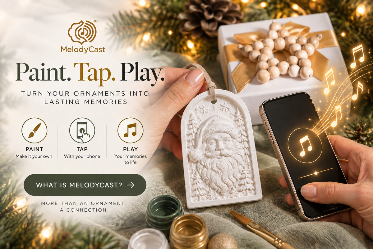 MelodyCast paintable interactive Christmas ornament showing Paint, Tap, Play with a smartphone