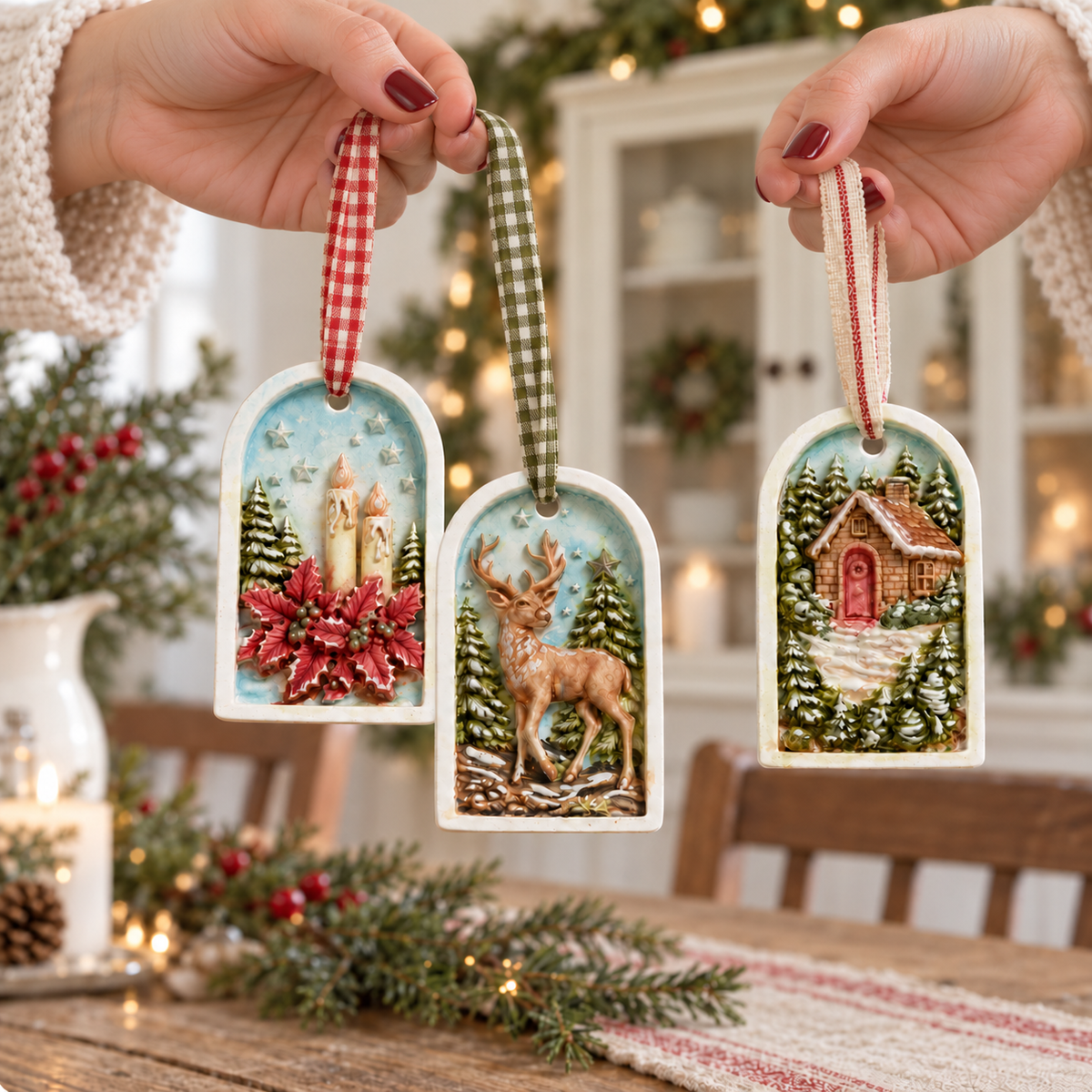 Colorfully painted MelodyCast Christmas ornaments with candle, reindeer and winter cottage designs