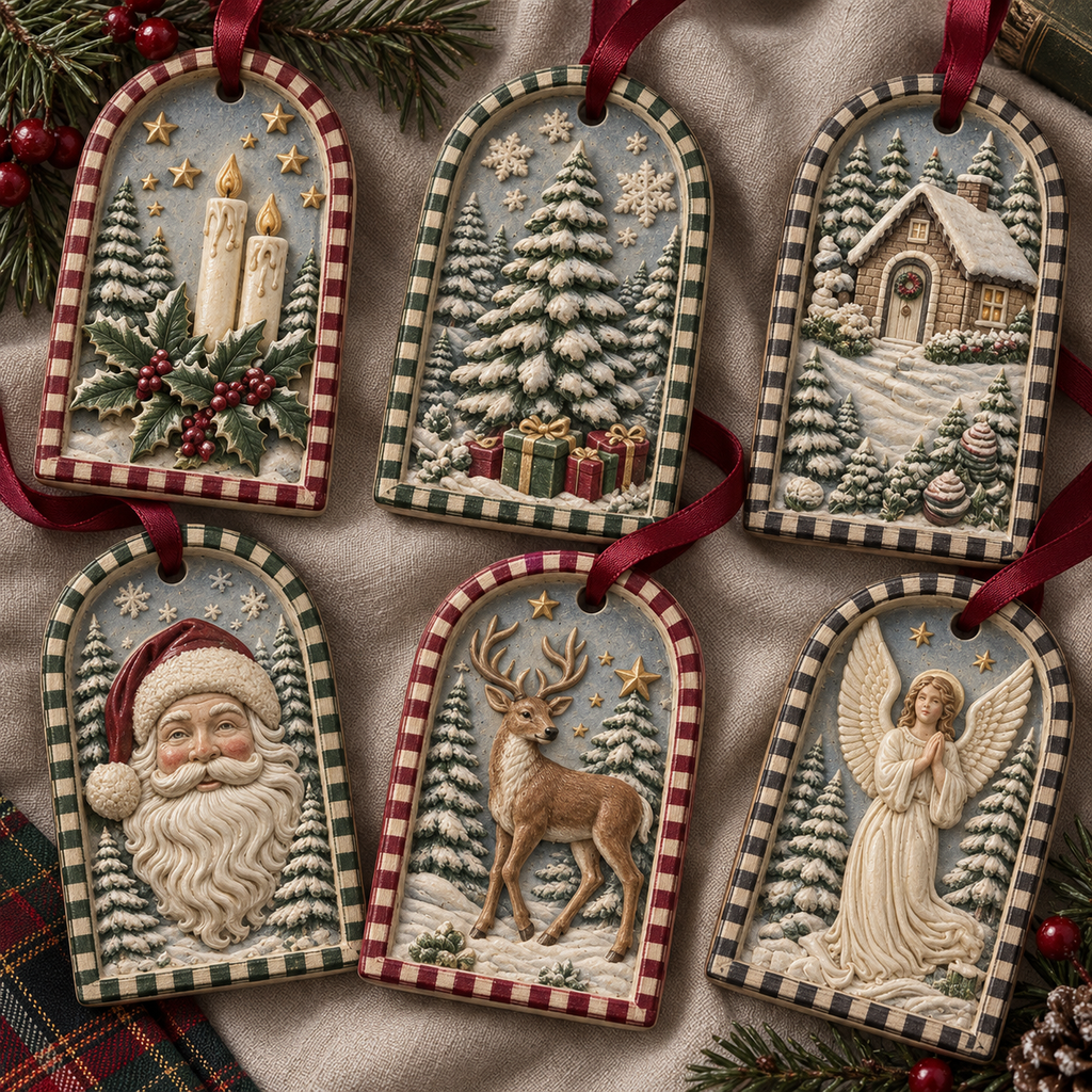 Set of six painted MelodyCast Christmas ornaments featuring angel, reindeer, Santa, candle, Christmas tree and winter cottage designs