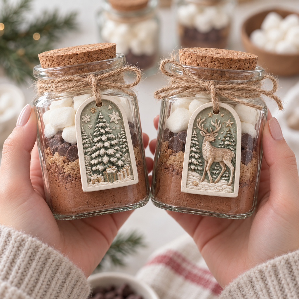 Painted MelodyCast Christmas tree and reindeer ornaments displayed on holiday gift jars