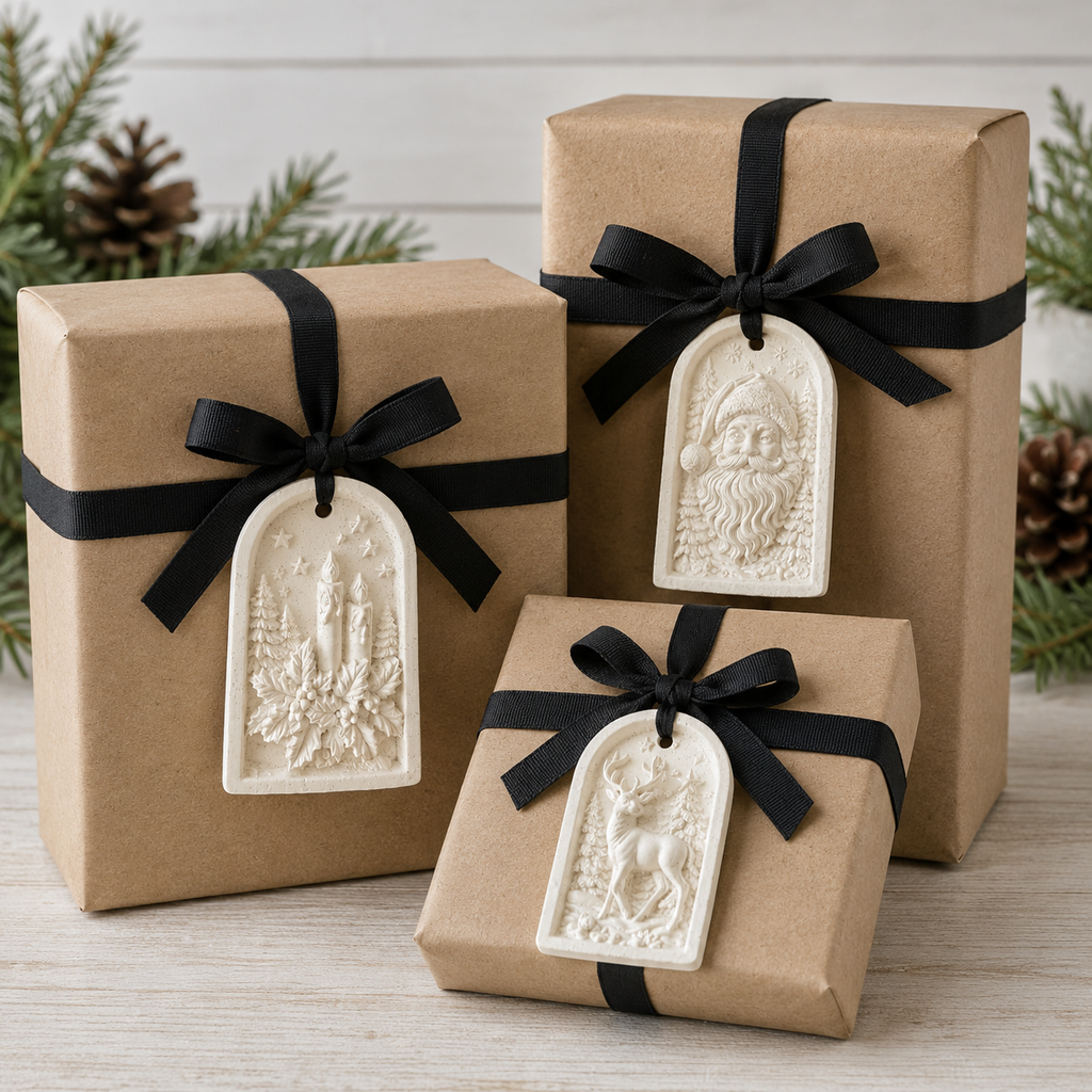 White MelodyCast Christmas ornaments used as decorative gift tags on wrapped holiday presents