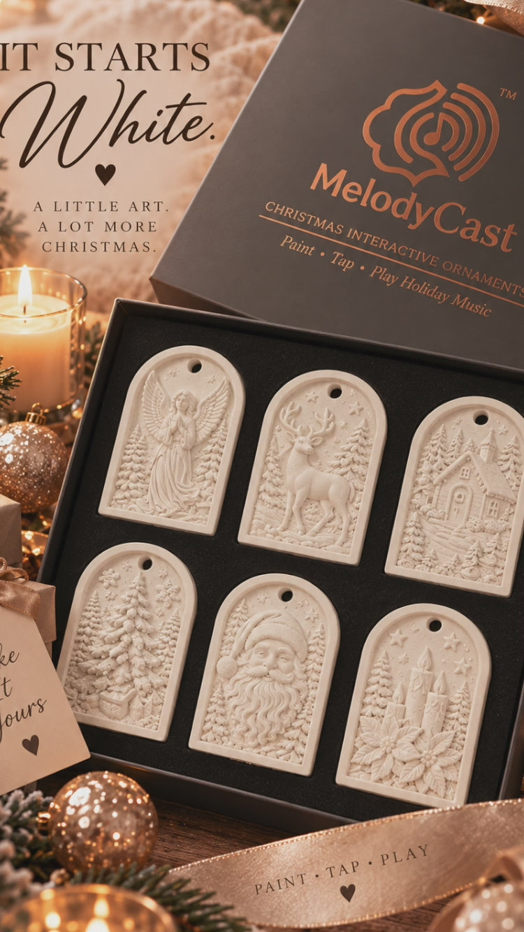MelodyCast interactive Christmas ornaments demonstrating the Paint, Tap, Play experience